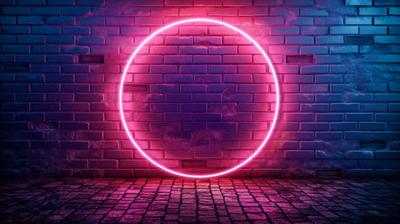 Abstract background with bright neon lights form a glowing circle on a textured brick wall, creating a striking visual contrast. The vibrant pink and blue hues illuminate the surroundings, enhancing the urban atmosphere. Generative AIの素材