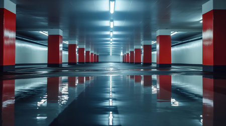 The image showcases a vast underground car parking facility featuring concrete pillars, a well-lit environment, and reflective surfaces, creating an organized and spacious feel for vehicles. Abstract background. Generative AIの素材
