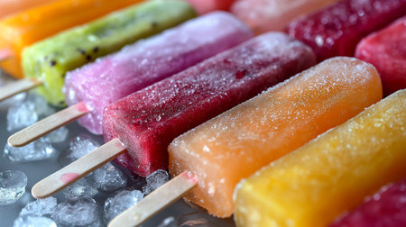 Vibrant assortment of fruit popsicles lies on table, with fresh fruits like oranges, strawberries, and blueberries. Ice cubes add a refreshing touch, making this an eye-catching display ideal for a summer treat or outdoor gathering. Generative AIの素材
