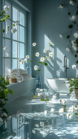 Product presentation podium blooming white flowers, serene waters on blue background. Generative AIThe calm water reflects the gentle light and floating petals, creating a peaceful atmosphere perfect for relaxation and reflection.の素材