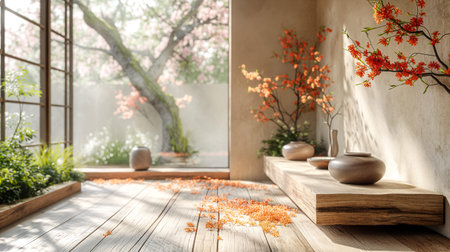 Product presentation background with circular stone platform, bathed in warm sunlight. Delicate cherry blossom branches frame the area, creating a tranquil atmosphere. This picturesque setting emphasizes the beauty of nature. Generative AIの素材