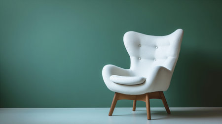 A modern white chair with a curved shape and wooden legs is displayed against a soft green backdrop. This minimalist piece offers a stylish and inviting look, perfect for contemporary living spaces or design showcases. Generative AIの素材