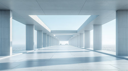 A spacious concrete hallway features angular architectural lines illuminated by sunlight, casting striking shadows across the floor, creating a modern, minimalist aesthetic. Abstract background. Generative AIの素材