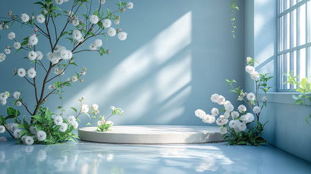Product presentation podium blooming white flowers, serene waters on blue background. Generative AIThe calm water reflects the gentle light and floating petals, creating a peaceful atmosphere perfect for relaxation and reflection.の素材