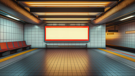 A long and spacious subway tunnel with bright lights, displaying empty advertising panels on either side, creating a minimalist and modern atmosphere for potential advertisements. Mock up background. Generative AIの素材