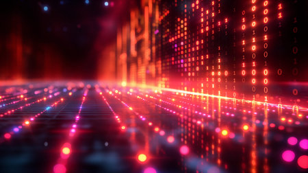 A mesmerizing display of vibrant orange and blue binary code forms a flowing digital network against a dark backdrop. The luminous numbers create an illusion of depth, symbolizing data transfer and connectivity in the virtual landscape. Generative AIの素材