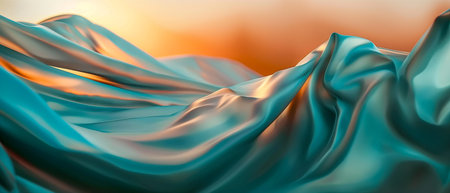 Cloth, fabric with a glossy, reflecting soft light and vibrant hues of teal and blue. The smooth texture resembles glass, creating an elegant, luminous effect. Abstract background. Generative AIの素材