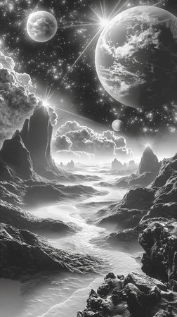 Surreal background of lunar surface, taking in the mesmerizing sight of a swirling black hole and distant planets illuminated by starlight in a tranquil outer space environment. Generative AIの素材