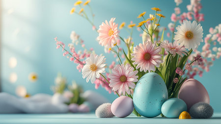 Colorful spring flowers bloom alongside decorative Easter eggs on a soft surface, capturing the essence of renewal and celebration during the Easter season. Generative AIの素材