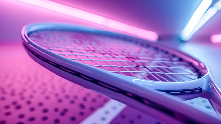 The intricate pattern of a tennis racquet's strings is captured in close-up, with the setting sun casting warm light across the frame. Tennis close up concept background. Generative AIの素材