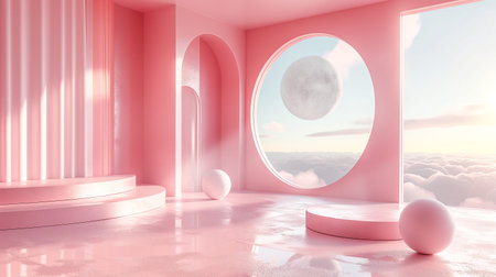 Minimalist product presentation display with geometric shapes in serene pink color room. Soft light podiums, pedestals with floating spheres and cylinders provide an artistic touch to the backdrop. Product presentation background. Generative AIの素材