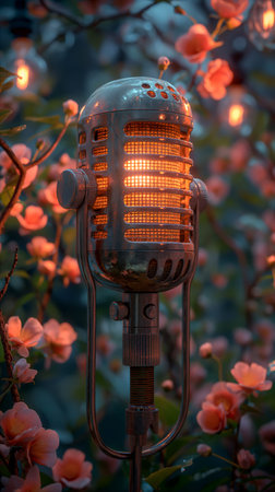 A vintage microphone stands prominently among vibrant roses, creating an inviting atmosphere for an upcoming radio broadcast at a charming cafe during the evening hours. Generative AIの素材