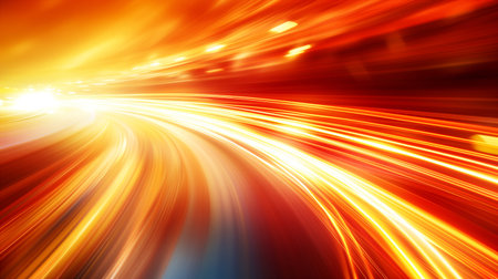 A vivid display of swirling red and yellow light trails illuminates a curving road, creating an impression of speed and movement in a dramatic nighttime setting. Abstract background. Generative AIの素材