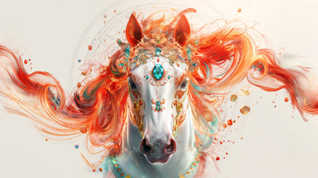 Adorable festive horse with floral motifs symbol of 2026 Chinese new year background. Flowing elements and floral decorations, creating a whimsical and enchanting appearance that captures the spirit of celebration and joy. Generative AIの素材