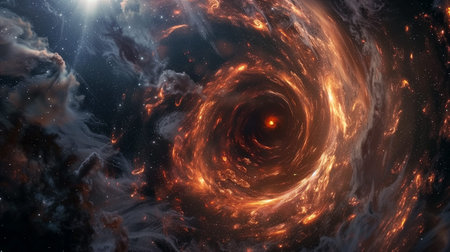 A massive black hole spins in the dark expanse of space, engulfing surrounding gas and cosmic matter, creating a luminous display of swirling energy and light in an awe-inspiring cosmic landscape. Generative AIの素材