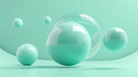 Minimalist product presentation display with various geometric shapes in serene green color. Soft light podiums, pedestals with floating spheres and cylinders provide an artistic touch to the backdrop. Product presentation background. Generative AIの素材