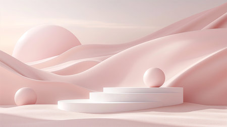 Minimalist product presentation display with various geometric shapes in serene pink color. Soft light podiums, pedestals with floating spheres and cylinders provide an artistic touch to the backdrop. Product presentation background. Generative AIの素材