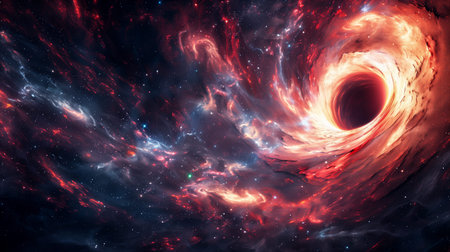 A massive black hole spins in the dark expanse of space, engulfing surrounding gas and cosmic matter, creating a luminous display of swirling energy and light in an awe-inspiring cosmic landscape. Generative AIの素材