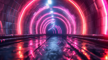 Bright tunnel with pink and blue neon lights illuminating the brick, concrete walls and wet floor. Abstract background. Generative AIの素材