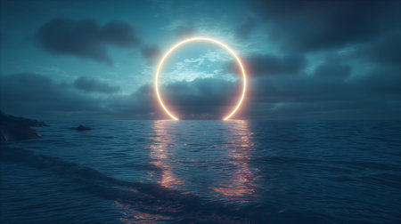 Abstract surreal background with glowing neon circle light radiates over ocean at sunset, casting a magical glow across the water. The soft colors of the sky blend with the tranquil sea, creating a mesmerizing atmosphere at dusk. Generative AIの素材