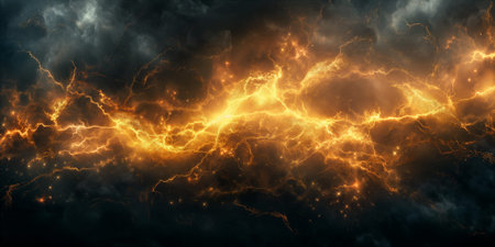 Brilliant golden lightning forks across a darkened sky, creating a striking contrast. The intense display captures the raw power of a storm in action, electrifying the atmosphere. Generative AIの素材