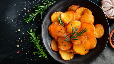 A gourmet bowl of crisp potato chips, expertly made by a renowned chef, showcases their golden color and texture. Sprigs of rosemary and spices complement the dish's presentation. Generative AIの素材