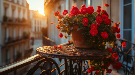 Champagne and candles on a Paris balcony at sunset. Red flowers bloom in the background as the golden light casts a warm glow. Romantic Sunset on a Paris Balcony. Generative AIの素材