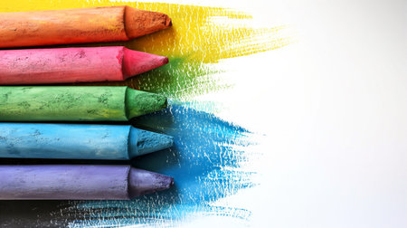 A bright array of colorful chalk sticks is neatly arranged on a white surface, showcasing their hues and textures. Perfectly ideal for arts, crafts, and creative projects. Generative AIの素材