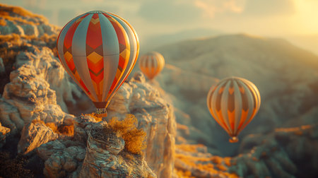 Brightly colored hot air balloons float gracefully above a rugged cliffside as the sun rises, casting a warm glow on the rock formations. The serene morning captures the beauty of flight. Generative AIの素材