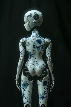A stunning robot crafted from blue and white porcelain stands elegantly against a dark background, highlighting its artistic features and intricate floral patterns that blend technology with art. Generative AIの素材