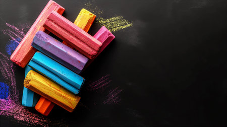 Brightly colored chalk pieces are neatly arranged in a line on a dark surface, creating a vibrant contrast. The chalk showcases various shades, perfect for creative activities. Generative AIの素材
