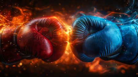 Two red boxing gloves collide at the center, creating a dramatic moment filled with energy and excitement against a backdrop of swirling colors and sparks, conveying the intensity of the sport. Generative AIの素材