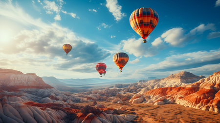 Brightly colored hot air balloons float gracefully above a rugged cliffside as the sun rises, casting a warm glow on the rock formations. The serene morning captures the beauty of flight. Generative AIの素材