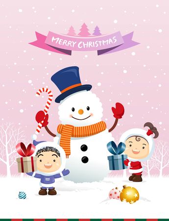 Happy winter, christmas, happy new year. Happy children receiving christmas gifts. Snowman winter background.のイラスト素材