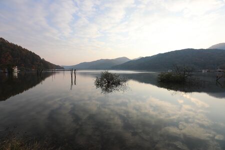 Morning beautiful reservoir landscape. Mungwang, Chungbuk, Koreaの写真素材