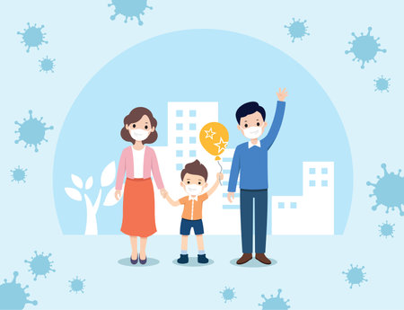 COVID-19 prevention, family wearing masks at home, mom, dad, sonのイラスト素材