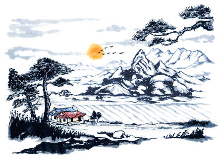 Korean natural scenery, ink painting, Korean traditional paintingの写真素材