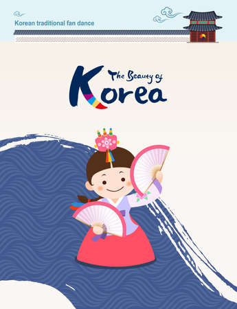 Beautiful Korean traditional culture. Traditional fan dance, hanok vector illustration.のイラスト素材