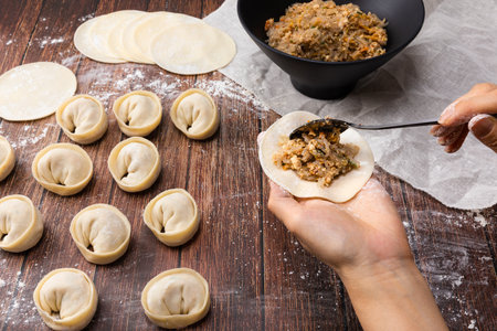 Korean handmade dumplings. Knead the flour by hand to make dumplings.の写真素材