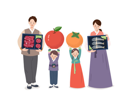 Thanksgiving in Korea, family wearing traditional hanbok are holding presents.のイラスト素材