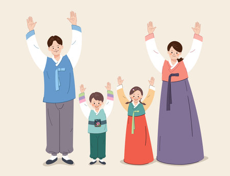Korean family wearing traditional hanbok and raising both hands.のイラスト素材