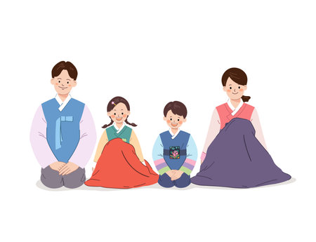Korean family sitting together wearing traditional hanbok.のイラスト素材
