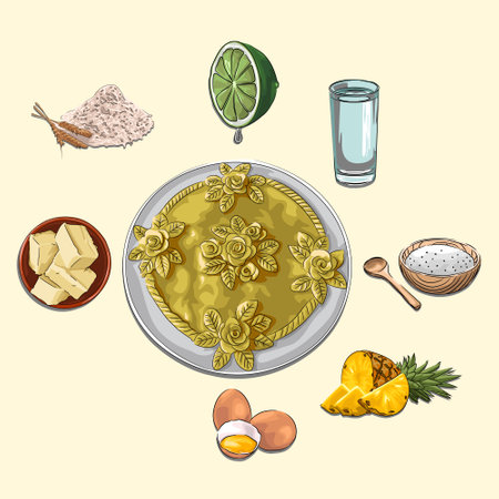 Meuseukat And Ingredients Illustration, Sketch And Vector Style, Traditional Food From Aceh, Good to use for restaurant menu, Indonesian food recipe book, and food content.のイラスト素材