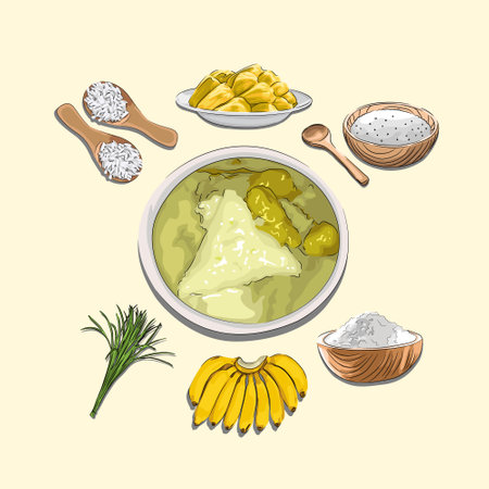 Kuah Tuhe Khas Aceh And Ingredients, Sketch And Vector Style, Traditional Food From Aceh, Good to use for restaurant menu, Indonesian food recipe book, and food content.のイラスト素材