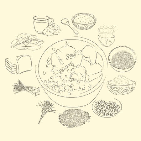 Wedang Angsle And Ingredients Illustration Sketch Style, Traditional Food From North Sumatera, Good to use for restaurant menu, Indonesian food recipe book, and food content.のイラスト素材