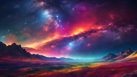 Fantasy random planet landscape. Mountain and nebula. 3D illustrationの素材