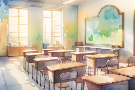 Empty Interior of a school classroom. 3d rendering toned image. Watercolor Illustration Styleの素材