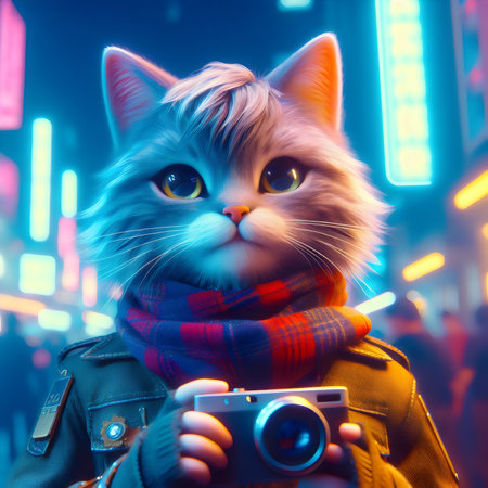 Portrait of a cat with a camera on the background of night city. Digital Painting Illustration Style.の素材