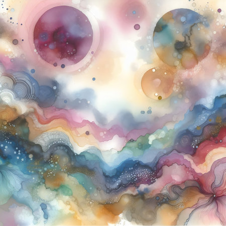 Abstract watercolor background with planets clouds and sky. Hand-drawn illustration.の素材