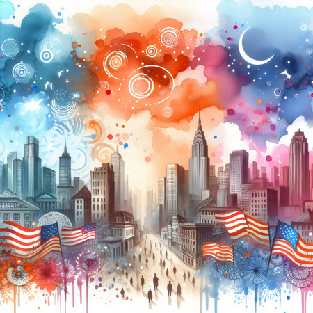 New York City skyline with USA flags. National Freedom Day. Watercolor hand drawn illustrationの素材